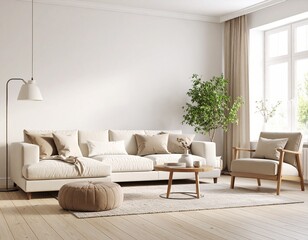 Modern minimalist living room interior with natural lighting, Scandinavian style, neutral color palette, realistic rendering, no logos, no brand elements