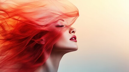 An ethereal side profile of a woman surrounded by flowing red tulle, capturing the essence of beauty, femininity, and artistic expression in a stunning visual composition.