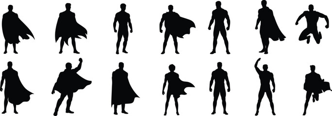 Dynamic Superhero Silhouettes: Powerful Caped Figures in Action Poses, Ideal for Comic Books, Gaming, Fantasy, and Brave Themed Projects