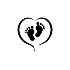Black vector baby footprints silhouette print design. Footsteps in outline heart frame shape. Baby shower decor. New born sign icon. It's a girl,boy.Abstract love symbol.Vinyl wall sticker decal. Care