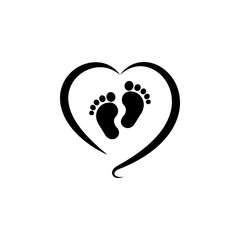 Black vector baby footprints silhouette print design. Footsteps in outline heart frame shape. Baby shower decor. New born sign icon. It's a girl,boy.Abstract love symbol.Vinyl wall sticker decal. Care