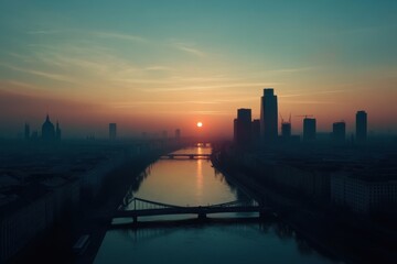 Fototapeta premium Skyscrapers in Vienna at sunset overlooking the Danube River with a vibrant skyline, aerial view of vienna skyscrapers modern city at sunrise flying over danube bridge