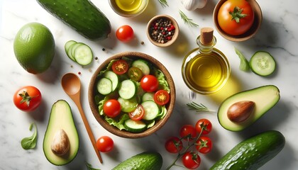 fresh salad ingredients including avocado halves, cherry tomatoes, cucumber slices, olive oil bottle, and wooden spoon on marble surface with bright natural light