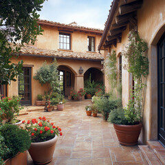 Mediterranean courtyard with terracotta tiles and potted plants,