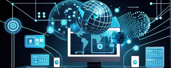 Abstract Digital Network Glowing Globes and Data Streams on Computer Screen