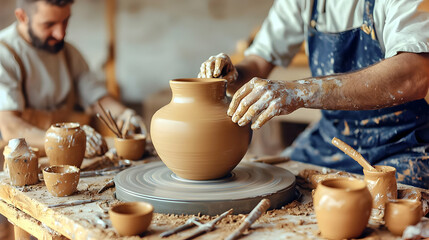 Two potters shaping clay vessels on a pottery wheel.  Hands meticulously craft a large, round pot.  Surrounding work space showcases various stages of creation, tools, and unfinished pieces