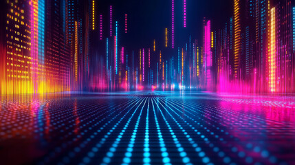 Futuristic Neon Digital Landscape with Glowing Bars in Blue, Pink, and Yellow on Reflective Grid, Emphasizing Innovation and Modernity