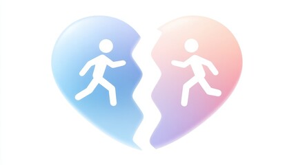 The concept of not reconciling or understanding each other. A cracked heart icon with two people walking away in opposite directions, showing emotional breakdown.