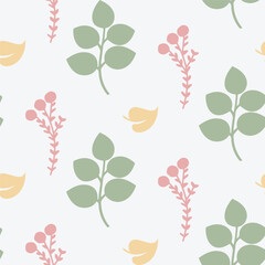 Minimal Seamless Floral Pattern with Green, Pink, and Yellow Leaves on White Background