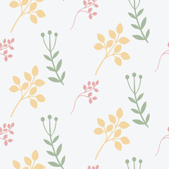Minimal Seamless Floral Pattern with Green, Pink, and Yellow Leaves on White Background