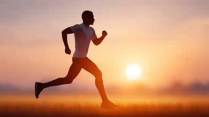 A person with abundant inner energy concept. A silhouette running toward the sunrise with glowing footsteps, symbolizing unstoppable energy.