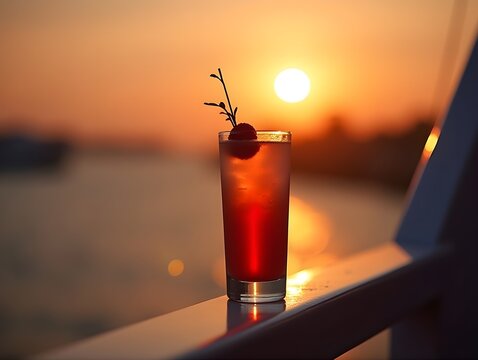 Sunset cocktail drink on a boat deck at dusk.