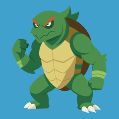Cartoon muscular turtle standing with an angry expression