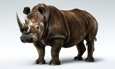 Obraz premium Majestic Rhino in natural pose: A powerful rhino stands proudly in a photorealistic portrayal, showcasing its robust build, formidable horn, and natural charm, a true symbol of wildlife conservation.