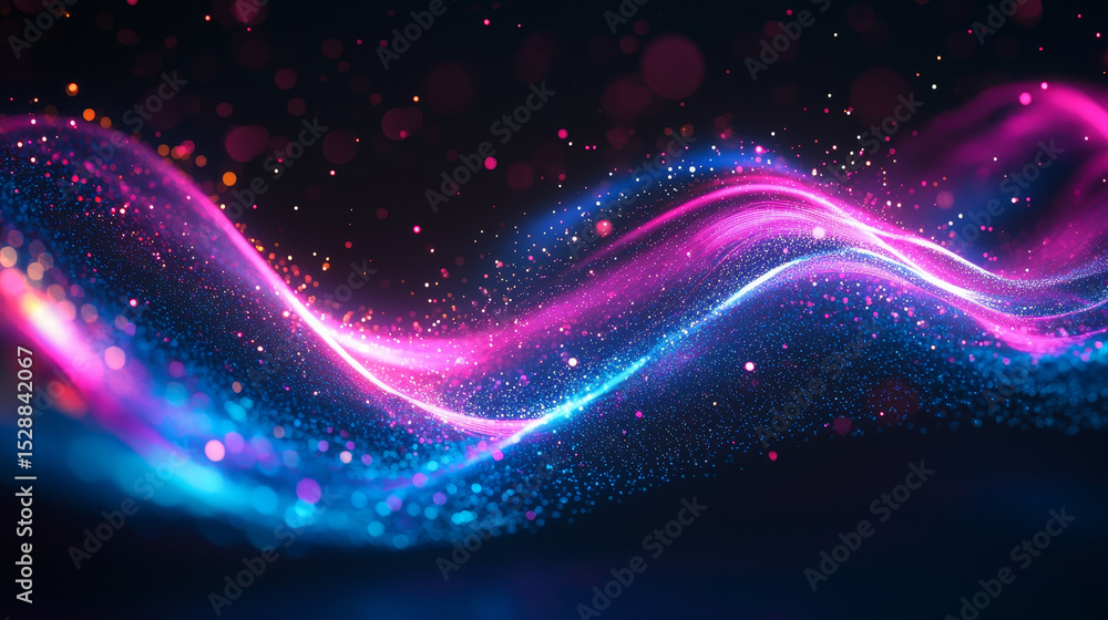Poster dynamic flow of pink and blue light trails across a dark background, creating a futuristic visual ef