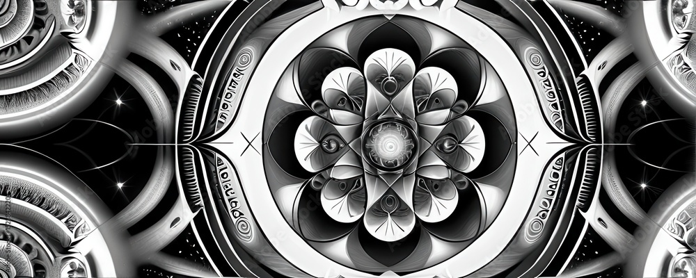 Poster grayscale abstract fractal mandala art with intricate swirling patterns