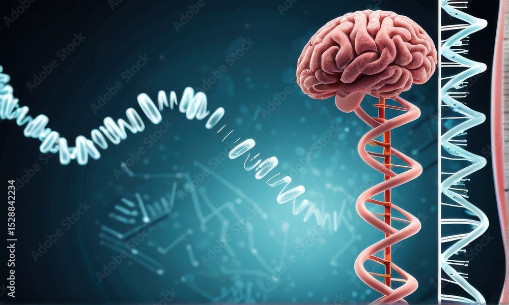 Poster human brain connected to dna double helix 3d rendering