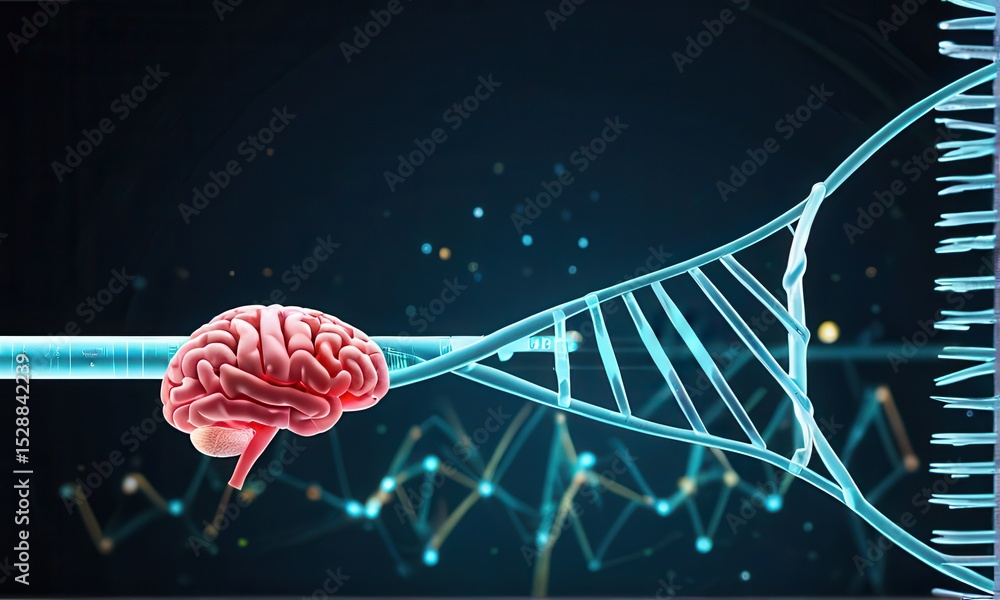 Poster human brain connected to dna helix abstract 3d rendering of neuroscience and genetics