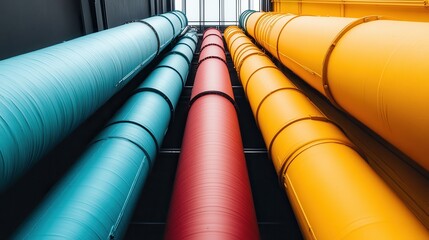 A captivating view of colorful pipes arranged vertically in an urban setting, showcasing a striking contrast against the backdrop of a clear sky.