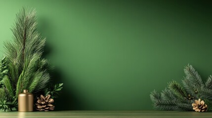 A stylishly arranged holiday display featuring lush green pine branches, cones, and decorative gold elements set against a soft green backdrop, inviting festive feelings.