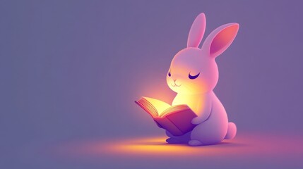 Modern bunny vector illustration with a rabbit holding glowing book, symbolizing knowledge and magical storytelling