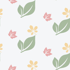 Minimal Seamless Floral Pattern with Green, Pink, and Yellow Leaves on White Background