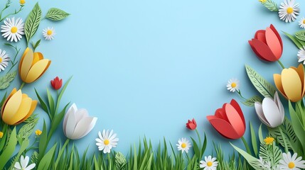 Spring-themed border frame in paper cut style with colorful flower, symbolizing freshness and joyful season