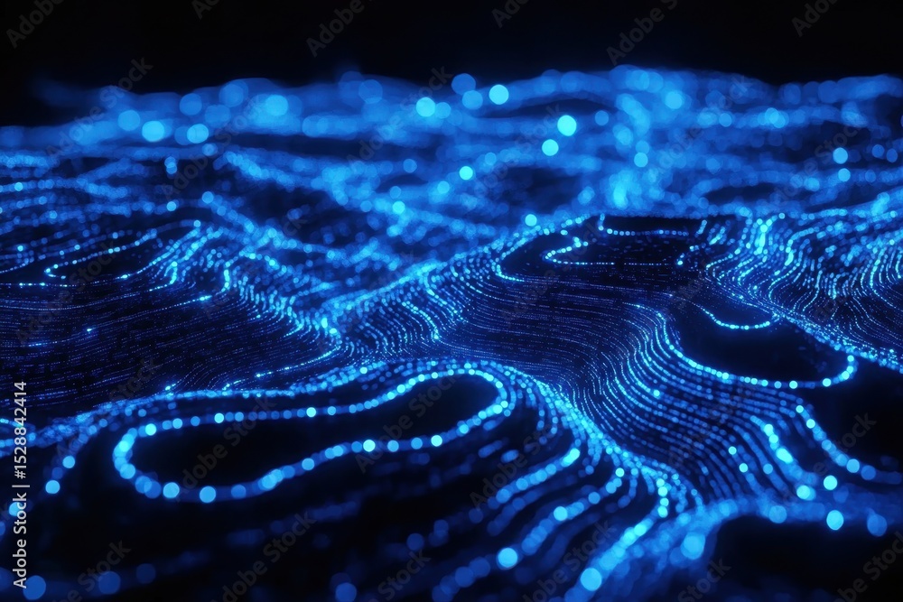 Poster Glowing blue lines create an intricate abstract pattern with depth and movement, Abstract of glowing blue lines forming intricate patterns over dark background