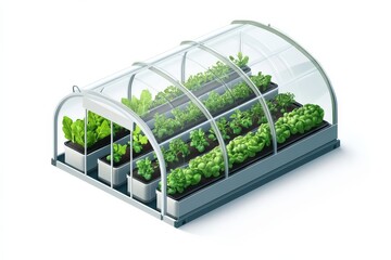 
Isometric vector illustration of a modern smart farm greenhouse, symbolizing sustainable agriculture and urban gardening