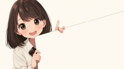 
Cute anime student in school uniform eagerly pointing to blank sign, symbolizing presentation and ready for your message