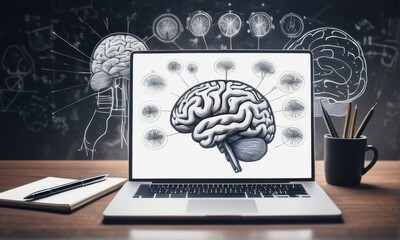 Laptop Displaying Brain Graphic on Dark Background with Chalk Equations