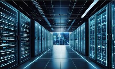 Modern Data Center Interior at Night with City View