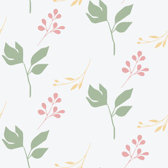 Minimal Seamless Floral Pattern with Green, Pink, and Yellow Leaves on White Background