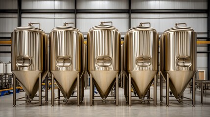 A brewery interior filled with towering fermentation tanks and active bottling lines, showcasing the entire brewing process from craft beer production to large-scale industrial brewing within