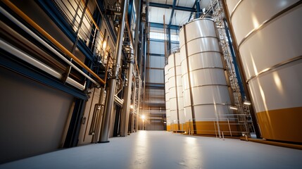 A chemical plant interior with complex piping systems, towering reaction vessels, and a detailed control room, emphasizing strict safety regulations for industrial chemistry and process engineering