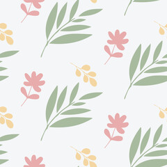 Minimal Seamless Floral Pattern with Green, Pink, and Yellow Leaves on White Background