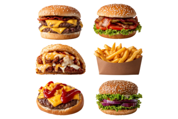 Assortment of fast food including various cheeseburgers, a meat sandwich, and crispy French fries. Tasty collection isolated on transparent background. Ideal for food themes