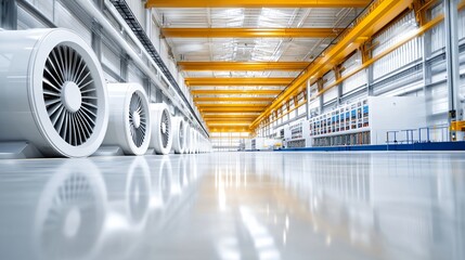 A power plant interior with massive turbines and powerful generators, alongside a detailed control room, symbolizing energy production and sustainable energy efforts in industrial power and