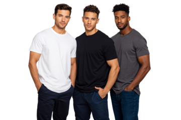 Three confident multi-ethnic men in casual t-shirts standing together with hands in pockets, isolated on transparent background. Diversity, fashion, and modern male lifestyle concept