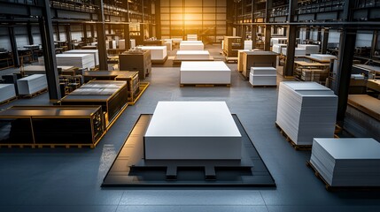 A printing factory with large format printers in operation, showing paper handling and various finishing processes, emphasizing commercial printing, graphic arts, and industrial printing.