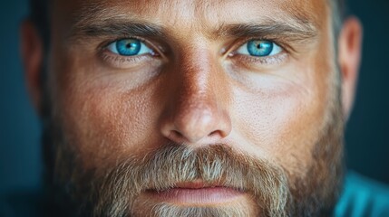 Fototapeta premium Close-up of a man's face showcasing deep blue eyes and a prominent beard, illustrating strength and intensity with a softened expression that conveys profound emotion and thoughtful insight.