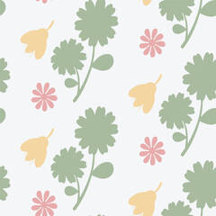 Minimal Seamless Floral Pattern with Green, Pink, and Yellow Leaves on White Background