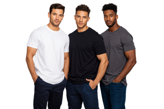 Three confident multi-ethnic men in casual t-shirts standing together with hands in pockets, isolated on transparent background. Diversity, fashion, and modern male lifestyle concept