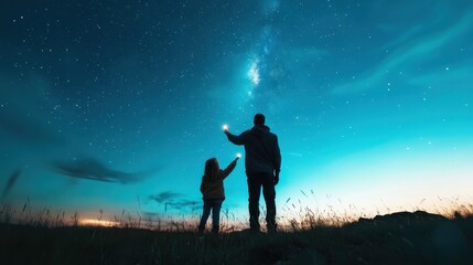 Fototapeta premium A heartwarming scene capturing a father and daughter gazing at the expansive starry sky, holding lights as they connect with the universe in a serene setting.