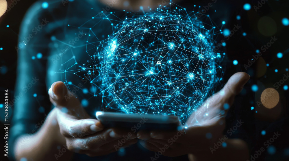 Poster modern hand holds mobile with illuminated network sphere, exploring innovation, technology, and conn