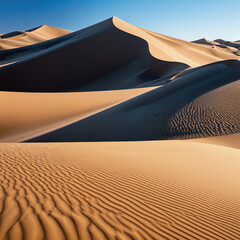 Golden sand dunes of desert landscape against a clear blue sky at sunrise