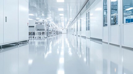 An electronics manufacturing facility with circuit board assembly and soldering stations within a pristine cleanroom environment, emphasizing microchip production and precision electronics in