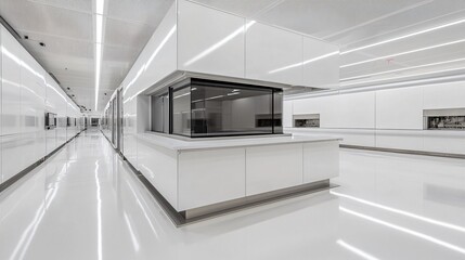 An electronics manufacturing facility with circuit board assembly and soldering stations within a pristine cleanroom environment, emphasizing microchip production and precision electronics in