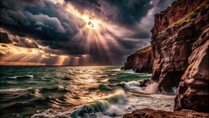 Sunbeams breaking through storm clouds over ocean cliffs