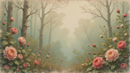 くすんだカラーの森に咲くピンク色の花